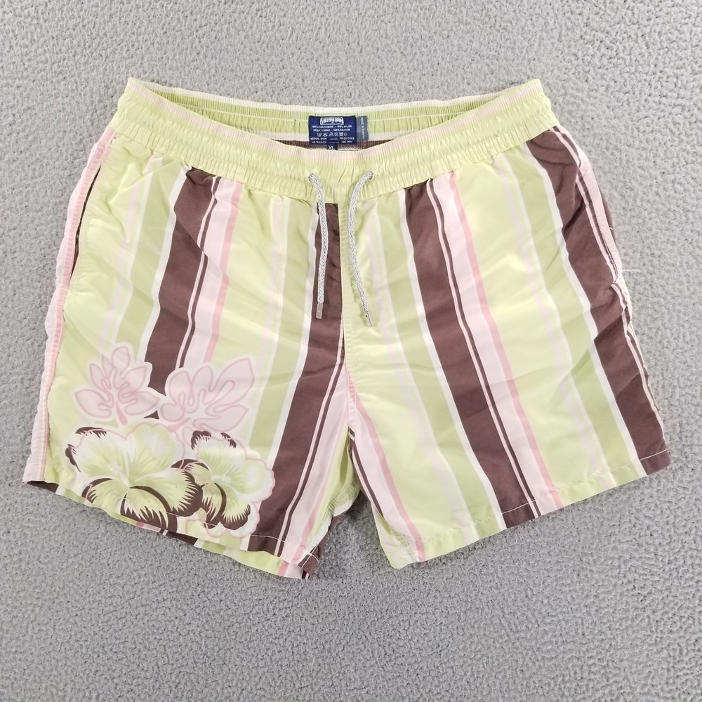 Vilebrequin Swim Trunks Mens XL Green Brown Striped Floral Shorts Lined Moorea
